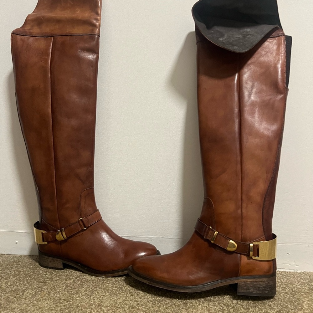 Brown Leather Knee-High Boots with Gold Accents by ALDO